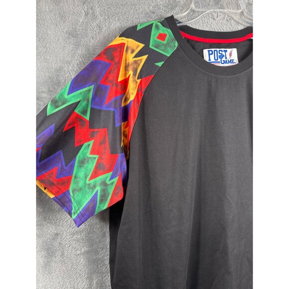 Post Game XL Black Shirt With Multicolor Geometric Sleeves & Logo - Picture 4 of 10